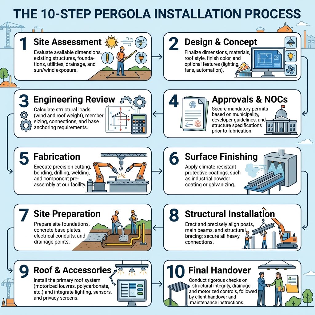 steps involve in installation of pergolas in Shajrah